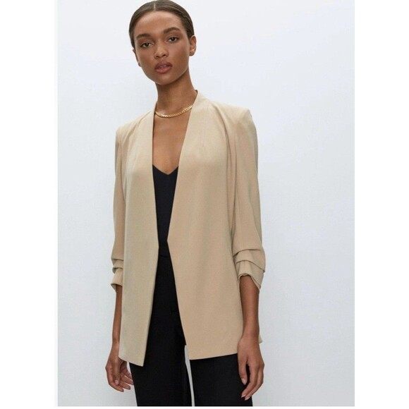 BABATON Aritzia Power Linen Blazer Jacket Open Front Ruched Sleeve Tan Sz. 0 - Picture 1 of 10